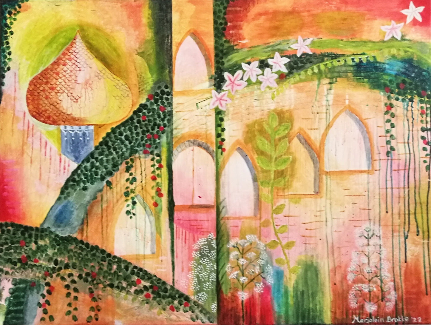 Origineel schilderij Ruins and roses